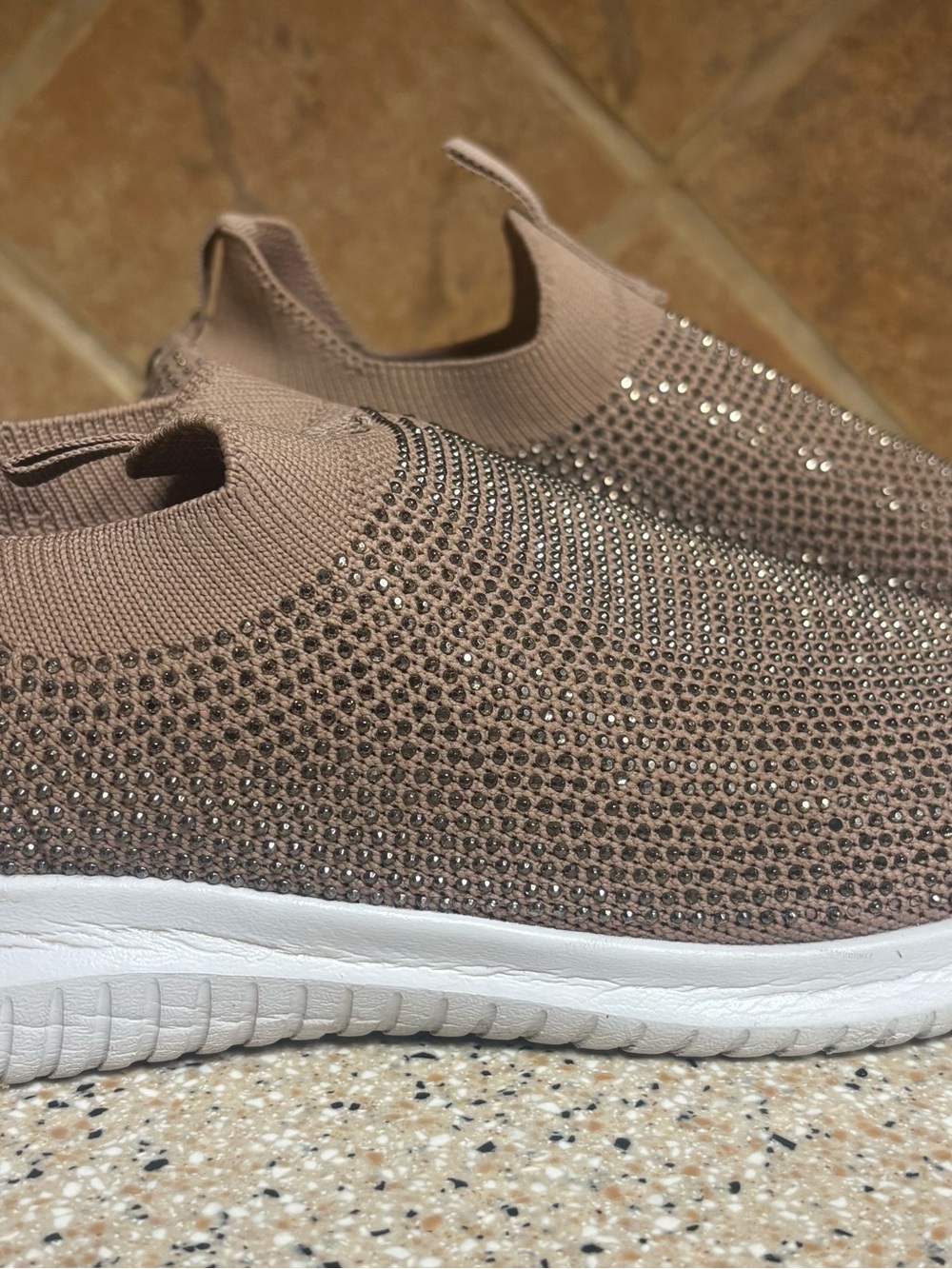 Tommy Bahama Taupe Slip-On Knit Sneakers with Crystal Studs